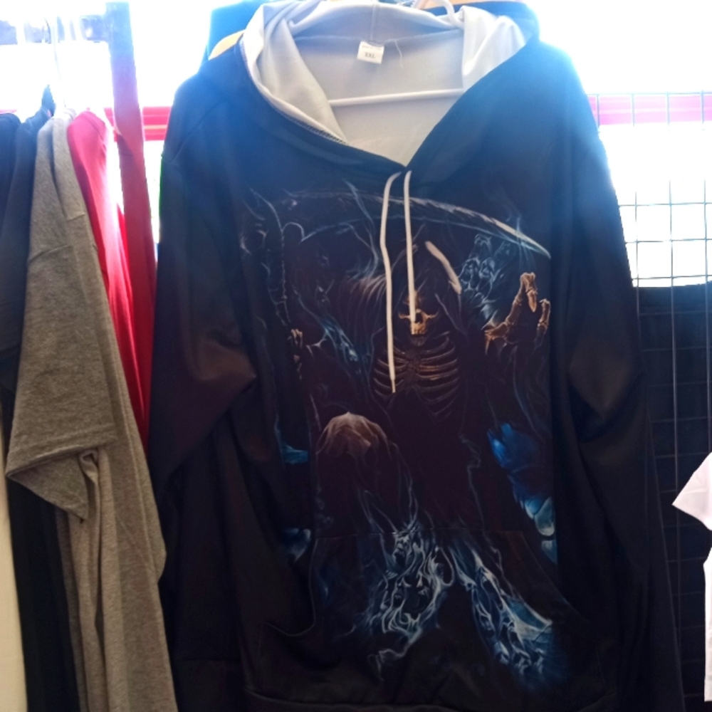 NWT, SZ LG, BLUE SKELETON GRIM REAPER PULLOVER HOODIE